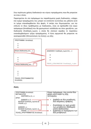 65
Στην περίπτωση χρήσης διαδικασιών και κύριου προγράμματος ποια θα μπορούσε
να είναι η λύση;
Παρατηρείται ότι στο πρόγραμμα του παραδείγματος χωρίς διαδικασίες, υπάρχει
ένα τμήμα προγράμματος που μπορεί να εκτελεστεί αυτοτελώς και μάλιστα αυτό
το τμήμα επαναλαμβάνεται δύο φορές. Η σκέψη που δημιουργείται, για την
επίλυση το ίδιου προβλήματος με διαδικασίες, είναι να σχεδιασθεί ένα κύριο
πρόγραμμα (Ανταλλαγή) που θα χρησιμοποιεί κατάλληλα και όπου χρειάζεται, μια
διαδικασία (Εναλλαγή_τιμών), η οποία θα υλοποιεί ακριβώς το παραπάνω
επαναλαμβανόμενο τμήμα προγράμματος. Η λύση σχηματικά θα μπορούσε να
αναπαρασταθεί (Οπτικοποίηση της λύσης), ως εξής;
Λύση
ΠΡΟΓΡΑΜΜΑ Ανταλλαγή
ΜΕΤΑΒΛΗΤΕΣ
ΑΚΕΡΑΙΕΣ:α, β, ι, κ
ΑΡΧΗ
ΔΙΑΒΑΣΕ α, β
ΚΑΛΕΣΕ Εναλλαγή_τιμών(α β)
ΓΡΑΨΕ α, β
ΔΙΑΒΑΣΕ ι, κ
ΚΑΛΕΣΕ Εναλλαγή_τιμών(ι ,κ)
ΓΡΑΨΕ ι, κ
ΤΕΛΟΣ_ΠΡΟΓΡΑΜΜΑΤΟΣ Ανταλλαγή
Κύριο πρόγραμμα, που εκτελεί δύο
φορές κατά σειρά τις εξής
λειτουργίες:
• Διαβάζει σε δύο μεταβλητές,
δύο ακεραίους αριθμούς.
• Εναλλάσσει τις τιμές μεταξύ
των μεταβλητών (διαδοχική
κλήση διαδικασίας).
• Εμφανίζει το περιεχόμενο των
δύο μεταβλητών.
ΠΡΟΓΡΑΜΜΑ Ανταλλαγή



Κλήση διαδικασίας (π1, …)
.



Κλήση διαδικασίας (π1, …)
.



ΤΕΛΟΣ_ΠΡΟΓΡΑΜΜΑΤΟΣ
Ανταλλαγή
ΔΙΑΔΙΚΑΣΙΑ Εναλλαγή_τιμών (π1, …)



ΤΕΛΟΣ_ΔΙΑΔΙΚΑΣΙΑΣ Εναλλαγή_τιμών
 