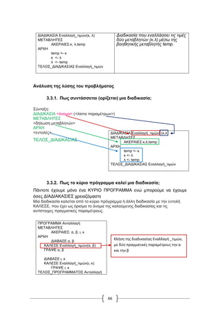 66
ΔΙΑΔΙΚΑΣΙΑ Εναλλαγή_τιμών(κ, λ)
ΜΕΤΑΒΛΗΤΕΣ
ΑΚΕΡΑΙΕΣ:κ, λ,temp
ΑΡΧΗ
temp <- κ
κ <- λ
λ <- temp
ΤΕΛΟΣ_ΔΙΑΔΙΚΑΣΙΑΣ Εναλλαγή_τιμών
Διαδικασία που εναλλάσσει τις τιμές
δύο μεταβλητών (κ.λ) μέσω της
βοηθητικής μεταβλητής temp.
Ανάλυση της λύσης του προβλήματος
3.3.1. Πως συντάσσεται (ορίζεται) μια διαδικασία;
Σύνταξη:
ΔΙΑΔΙΚΑΣΙΑ <όνομα> (<λίστα παραμέτρων>)
ΜΕΤΑΒΛΗΤΕΣ
<δήλωση μεταβλητών>
ΑΡΧΗ
<εντολές>
ΤΕΛΟΣ_ΔΙΑΔΙΚΑΣΙΑΣ
3.3.2. Πως το κύριο πρόγραμμα καλεί μια διαδικασία;
Πάντοτε έχουμε μόνο ένα ΚΥΡΙΟ ΠΡΟΓΡΑΜΜΑ ενώ μπορούμε να έχουμε
όσες ΔΙΑΔΙΑΚΑΣΙΕΣ χρειαζόμαστε
Μια διαδικασία καλείται από το κύριο πρόγραμμα ή άλλη διαδικασία με την εντολή
ΚΑΛΕΣΕ, που έχει ως όρισμα το όνομα της καλούμενης διαδικασίας και τις
αντίστοιχες πραγματικές παραμέτρους.
ΠΡΟΓΡΑΜΜΑ Ανταλλαγή
ΜΕΤΑΒΛΗΤΕΣ
ΑΚΕΡΑΙΕΣ: α, β, ι, κ
ΑΡΧΗ
ΔΙΑΒΑΣΕ α, β
ΚΑΛΕΣΕ Εναλλαγή_τιμών(α, β)
ΓΡΑΨΕ α, β
ΔΙΑΒΑΣΕ ι, κ
ΚΑΛΕΣΕ Εναλλαγή_τιμών(ι, κ)
ΓΡΑΨΕ ι, κ
ΤΕΛΟΣ_ΠΡΟΓΡΑΜΜΑΤΟΣ Ανταλλαγή
ΔΙΑΔΙΚΑΣΙΑ Εναλλαγή_τιμών (κ,λ)
ΜΕΤΑΒΛΗΤΕΣ
ΑΚΕΡΑΙΕΣ:κ,λ,temp
ΑΡΧΗ
temp <- κ
κ <- λ
λ <- temp
ΤΕΛΟΣ_ΔΙΑΔΙΚΑΣΙΑΣ Εναλλαγή_τιμών
Κλήση της διαδικασίας Εναλλαγή _τιμών,
με δύο πραγματικές παραμέτρους την α
και την β
 