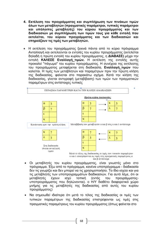 68
4. Εκτέλεση του προγράμματος και συμπλήρωση των πινάκων τιμών
όλων των μεταβλητών (πραγματικές παράμετροι, τυπικές παράμετροι
και υπόλοιπες μεταβλητές) του κύριου προγράμματος και των
διαδικασιών με συμπλήρωση των τιμών τους για κάθε εντολή που
εκτελείται, του κύριου προγράμματος και των διαδικασιών και
επηρεάζουν τις τιμές των μεταβλητών.
 Η εκτέλεση του προγράμματος ξεκινά πάντα από το κύριο πρόγραμμα
Ανταλλαγή και εκτελούνται οι εντολές του κυρίου προγράμματος (εκτελείται
δηλαδή η πρώτη εντολή του κυρίου προγράμματος, η ΔΙΑΒΑΣΕ) μέχρι την
εντολή ΚΑΛΕΣΕ Εναλλαγή_τιμών. Η εκτέλεση της εντολής αυτής
προκαλεί "πάγωμα" του κυρίου προγράμματος. Η συνέχεια της εκτέλεσης
του προγράμματος μεταφέρεται στη διαδικασία, Εναλλαγή_τιμών που
καλείται. Η τιμές των μεταβλητών και παραμέτρων πριν την πρώτη κλήση
της διαδικασίας, φαίνεται στο παρακάτω σχήμα. Κατά την κλήση της
διαδικασίας, γίνεται αντιγραφή (μεταβίβαση) των τιμών των πραγματικών
παραμέτρων στις αντίστοιχες τυπικές
 Οι μεταβλητές του κυρίου προγράμματος, είναι γνωστές μόνο στο
πρόγραμμα. Έξω από το πρόγραμμα, κανένα υποπρόγραμμα - διαδικασία
δεν τις γνωρίζει και δεν μπορεί να τις χρησιμοποιήσει. Το ίδιο ισχύει και για
τις μεταβλητές των υποπρογραμμάτων διαδικασιών. Για αυτό λέμε, ότι οι
μεταβλητές έχουν ισχύ τοπική (εντός του προγράμματος-
υποπρογράμματος που δηλώνονται). ο Η/Υ διαθέτει διαφορετικό χώρο
μνήμης για τις μεταβλητές της διαδικασίας από αυτές του κυρίου
προγράμματος)
 Να σημειωθεί ιδιαίτερα ότι μετά το τέλος της διαδικασίας οι τιμές των
τυπικών παραμέτρων της διαδικασίας επιστρέφονται ως τιμές στις
πραγματικές παραμέτρους του κυρίου προγράμματος (όπως φαίνεται στο
 