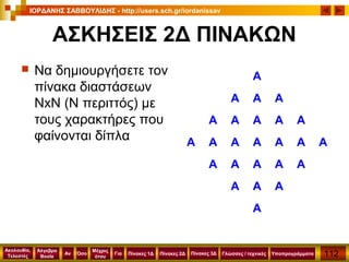 112
Ακολουθία,
Τελεστές
Αν
Μέχρις
ότου
Όσο Για
Άλγεβρα
Boole
ΙΟΡΔΑΝΗΣ ΣΑΒΒΟΥΛΙΔΗΣ - http://users.sch.gr/iordanissav
Πίνακες 1Δ Πίνακες 2Δ ΥποπρογράμματαΓλώσσες / τεχνικέςΠίνακες 3Δ
ΑΣΚΗΣΕΙΣ 2Δ ΠΙΝΑΚΩΝ
 Να δημιουργήσετε τον
πίνακα διαστάσεων
ΝxΝ (Ν περιττός) με
τους χαρακτήρες που
φαίνονται δίπλα
Α
Α Α Α
Α Α Α Α Α
Α Α Α Α Α Α Α
Α Α Α Α Α
Α Α Α
Α
 