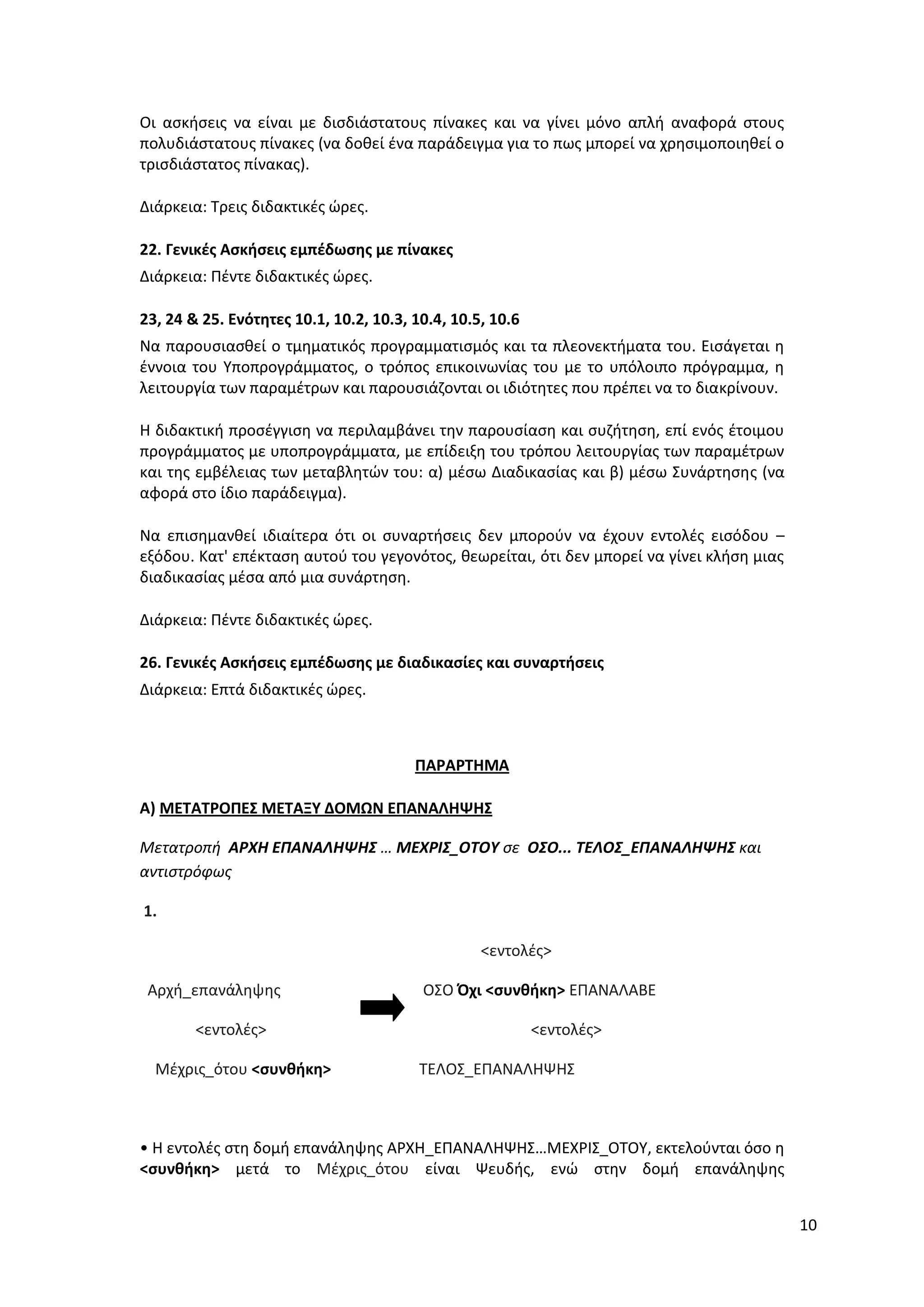 10
Οι ασκήσεις να είναι με δισδιάστατους πίνακες και να γίνει μόνο απλή αναφορά στους
πολυδιάστατους πίνακες (να δοθεί ένα παράδειγμα για το πως μπορεί να χρησιμοποιηθεί ο
τρισδιάστατος πίνακας).
Διάρκεια: Τρεις διδακτικές ώρες.
22. Γενικές Ασκήσεις εμπέδωσης με πίνακες
Διάρκεια: Πέντε διδακτικές ώρες.
23, 24 & 25. Ενότητες 10.1, 10.2, 10.3, 10.4, 10.5, 10.6
Να παρουσιασθεί ο τμηματικός προγραμματισμός και τα πλεονεκτήματα του. Εισάγεται η
έννοια του Υποπρογράμματος, ο τρόπος επικοινωνίας του με το υπόλοιπο πρόγραμμα, η
λειτουργία των παραμέτρων και παρουσιάζονται οι ιδιότητες που πρέπει να το διακρίνουν.
Η διδακτική προσέγγιση να περιλαμβάνει την παρουσίαση και συζήτηση, επί ενός έτοιμου
προγράμματος με υποπρογράμματα, με επίδειξη του τρόπου λειτουργίας των παραμέτρων
και της εμβέλειας των μεταβλητών του: α) μέσω Διαδικασίας και β) μέσω Συνάρτησης (να
αφορά στο ίδιο παράδειγμα).
Να επισημανθεί ιδιαίτερα ότι οι συναρτήσεις δεν μπορούν να έχουν εντολές εισόδου –
εξόδου. Κατ' επέκταση αυτού του γεγονότος, θεωρείται, ότι δεν μπορεί να γίνει κλήση μιας
διαδικασίας μέσα από μια συνάρτηση.
Διάρκεια: Πέντε διδακτικές ώρες.
26. Γενικές Ασκήσεις εμπέδωσης με διαδικασίες και συναρτήσεις
Διάρκεια: Επτά διδακτικές ώρες.
ΠΑΡΑΡΤΗΜΑ
Α) ΜΕΤΑΤΡΟΠΕΣ ΜΕΤΑΞΥ ΔΟΜΩΝ ΕΠΑΝΑΛΗΨΗΣ
Μετατροπή ΑΡXΗ ΕΠΑΝΑΛΗΨΗΣ … ΜΕΧΡΙΣ_ΟΤΟΥ σε ΟΣΟ... ΤΕΛΟΣ_ΕΠΑΝΑΛΗΨΗΣ και
αντιστρόφως
1.
<εντολές>
Αρχή_επανάληψης ΟΣΟ Όχι <συνθήκη> ΕΠΑΝΑΛΑΒΕ
<εντολές> <εντολές>
Μέχρις_ότου <συνθήκη> ΤΕΛΟΣ_ΕΠΑΝΑΛΗΨΗΣ
• Η εντολές στη δομή επανάληψης ΑΡΧΗ_ΕΠΑΝΑΛΗΨΗΣ…ΜΕΧΡΙΣ_ΟΤΟΥ, εκτελούνται όσο η
<συνθήκη> μετά το Μέχρις_ότου είναι Ψευδής, ενώ στην δομή επανάληψης
 