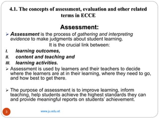 4.1. The concepts of assessment, evaluation and other related
terms in ECCE
www.ju.edu.et
3
Assessment:
 Assessment is th...