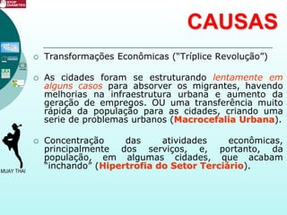 CAUSAS
 Transformações Econômicas (“Tríplice Revolução”)
 As cidades foram se estruturando lentamente em
alguns casos para absorver os migrantes, havendo
melhorias na infraestrutura urbana e aumento da
geração de empregos. OU uma transferência muito
rápida da população para as cidades, criando uma
serie de problemas urbanos (Macrocefalia Urbana).
 Concentração das atividades econômicas,
principalmente dos serviços, e, portanto, da
população, em algumas cidades, que acabam
“inchando” (Hipertrofia do Setor Terciário).
 