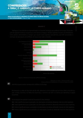 PROVA DE EQUIVALÊNCIA À FREQUÊNCIA DO ENSINO BÁSICO DE CIÊNCIAS NATURAIS
3.º CICLO DE ESCOLARIDADE (1.ª fase e 2.ª fase)
COMPREENDER
A TERRA | O AMBIENTE | O CORPO HUMANO a
©AREAL
EDITORES
4
GRUPO II
Na figura 2 encontram-se representadas as maiores ameaças aos anfíbios na Europa. A introdu-
ção de espécies exóticas invasoras é uma destas ameaças. Nestas espécies incluem-se predadores,
como peixes salmonídeos, e fungos que atuam como agentes patogénicos, que têm provocado a
extinção de populações de anfíbios um pouco por todo o mundo.
Figura 2: Maiores ameaças aos anfíbios na Europa.
Adaptado de: HELEN J. Temple and NEIL A. Cox;
European Red List of Amphibians, IUCN Species Programme (2009)
1 Identifica qual a maior ameaça aos anfíbios na Europa.
	
Na resposta a cada um dos itens de 2. a 5., seleciona a única opção que permite obter uma afirma-
ção correta. Escreve, na folha de respostas, o número do item e a letra que identifica a opção
escolhida.
2 A introdução de espécies exóticas invasoras é uma ameaça
(A) mais significativa que a poluição e as alterações climáticas afetando mais de vinte espécies.
(B) mais significativa que a poluição e as alterações climáticas afetando menos de vinte espécies.
(C)	
menos significativa que a poluição e as alterações climáticas afetando menos de vinte espécies.
(D) menos significativa que a poluição e as alterações climáticas afetando mais de vinte espécies.
Número de espécies
Perda/degradação de habitats
Introdução de espécies
exóticas invasoras
Caça e agricultura
Mortes acidentais
Perseguição
Poluição e alterações climáticas
Catástrofes naturais
Alterações às dinâmicas
naturais da espécie
Fatores intrínsecos
Ação do ser humano
Outras causas
0
Espécies ameaçadas
Espécies não ameaçadas
20 40 60 80
 
