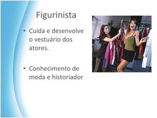 Figurinista Cuida e desenvolve o vestuário dos atores. Conhecimento de moda e historiador 
