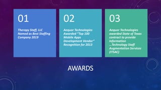 AWARDS
Therapy Staff, LLC
Named as Best Staffing
Company 2019
01
Aequor Technologies
Awarded “Top 100
Mobile Apps
Development Vendor”
Recognition for 2013
02
Aequor Technologies
awarded State of Texas
contract to provide
Information
…Technology Staff
Augmentation Services
(ITSAC)
03
 