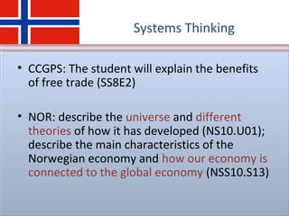 Systems Thinking
• CCGPS: The student will explain the benefits
of free trade (SS8E2)
• NOR: describe the universe and different
theories of how it has developed (NS10.U01);
describe the main characteristics of the
Norwegian economy and how our economy is
connected to the global economy (NSS10.S13)
 