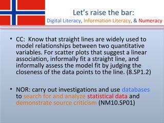 Let’s raise the bar:
Digital Literacy, Information Literacy, & Numeracy
• CC: Know that straight lines are widely used to
model relationships between two quantitative
variables. For scatter plots that suggest a linear
association, informally fit a straight line, and
informally assess the model fit by judging the
closeness of the data points to the line. (8.SP1.2)
• NOR: carry out investigations and use databases
to search for and analyze statistical data and
demonstrate source criticism (NM10.SP01)
 