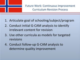 Future Work: Continuous Improvement
Curriculum Revision Process
1. Articulate goal of schooling/subject/program
2. Conduct initial G-CAM analysis to identify
irrelevant content for revision
3. Use other curricula as models for targeted
revisions
4. Conduct follow-up G-CAM analysis to
determine quality improvement
 