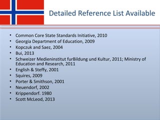 Detailed Reference List Available
• Common Core State Standards Initiative, 2010
• Georgia Department of Education, 2009
• Kopczuk and Saez, 2004
• Bui, 2013
• Schweizer Medieninstitut furBildung und Kultur, 2011; Ministry of
Education and Research, 2011
• English & Steffy, 2001
• Squires, 2009
• Porter & Smithson, 2001
• Neuendorf, 2002
• Krippendorf. 1980
• Scott McLeod, 2013
 