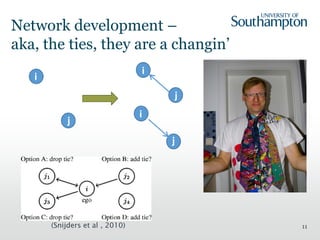 Network development –
aka, the ties, they are a changin’
11
j
i
j
i
j
i
(Snijders et al , 2010)
 