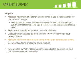 Purpose
•  Measure how much of children’s screen media use is “educational” by
platform and by age
–  Defined educational as “content that is good for your child’s learning or
growth, or that teaches some type of lesson, such as an academic or social
skill.”
•  Explore which platforms parents think are effective
•  Discover which subjects parents think children are learning about
through media
•  Measure how much children are using media with parents and others
•  Document patterns of reading and e-reading
•  Research led by Vicky Rideout, analyses conducted by June Lee, and
GfK administered online survey
PARENT SURVEY
10
 