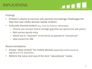 Findings
•  Children’s desire to connect with parents and siblings: Challenges the
idea that new media devices isolate children.
•  Culturally themed content (e.g., Dora the Explorer, telenovelas)
–  Parents can connect child to heritage and child can spend time with parent
–  Both parties equally enjoy
–  Media that is “important” to the family as opposed to “educational”
–  Ideal content for JME
Recommendations
•  Create “ideal content” for mobile devices (expanding market across all
segments of U.S. population)
•  Rethink the value and use of the term “educational” media
IMPLICATIONS
29
 