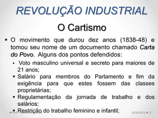 REVOLUÇÃO INDUSTRIAL
                        O Cartismo
 O movimento que durou dez anos (1838-48) e
  tomou seu nome de um documento chamado Carta
  do Povo. Alguns dos pontos defendidos:
       Voto masculino universal e secreto para maiores de
       21 anos;
   Salário para membros do Parlamento e fim da
       exigência para que estes fossem das classes
       proprietárias;
   Regulamentação da jornada de trabalho e dos
       salários;
   Restrição
  Prof.ª Valéria Fernandes do trabalho feminino e infantil; 10/25/2012 12
 