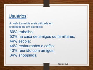 Usuários 
A web é a mídia mais utilizada em 
situações de um dia típico: 
60% trabalho; 
52% na casa de amigos ou familiares; 
44% escola; 
44% restaurantes e cafés; 
43% reunião com amigos; 
34% shoppings. 
fonte: IAB 
 