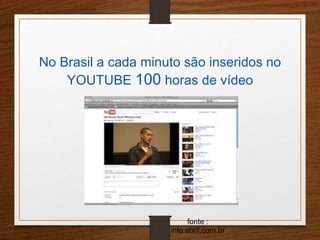 No Brasil a cada minuto são inseridos no 
YOUTUBE 100 horas de vídeo 
fonte : 
info.abril.com.br 
 