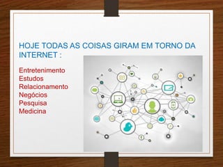 HOJE TODAS AS COISAS GIRAM EM TORNO DA 
INTERNET : 
Entretenimento 
Estudos 
Relacionamento 
Negócios 
Pesquisa 
Medicina 
 
