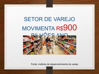 SETOR DE VAREJO 
MOVIMENTA R$900 
BILHÕES ANO 
Fonte: instituto de desenvolvimento do varejo 
 
