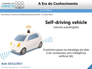 Escola Bíblica
18Prof. Daniel de Carvalho Luz – T. (15) 9 9126 5571
Aula 18/11/2017
A Era do Conhecimento
Self-driving vehicle
(veículo autodirigido)
O próximo passo na estratégia da Uber
é ter condutores com inteligência
artificial (AI).
According to Social and Solidarity Economy and the of Future Work
 