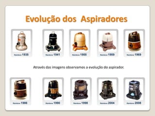Evolução dos  AspiradoresAtravés das imagens observamos a evolução do aspirador.