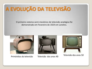 A EVOLUÇÃO DA TELEVISÃOO primeiro sistema semi-mecânico de televisão analógicafoi demonstrado em Fevereiro de 1924 em Londres.Televisão dos anos 50Primórdios da televisãoTelevisão  dos anos 40