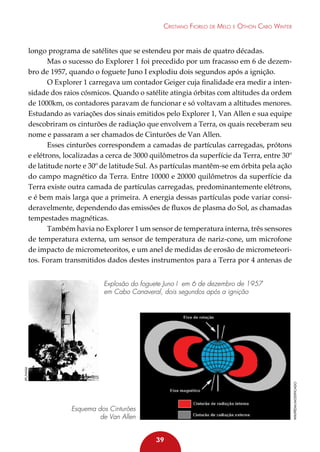 Cristiano Fiorilo de Melo e Othon Cabo Winter

longo programa de satélites que se estendeu por mais de quatro décadas.
Mas o sucesso do Explorer 1 foi precedido por um fracasso em 6 de dezembro de 1957, quando o foguete Juno I explodiu dois segundos após a ignição.
O Explorer 1 carregava um contador Geiger cuja finalidade era medir a intensidade dos raios cósmicos. Quando o satélite atingia órbitas com altitudes da ordem
de 1000km, os contadores paravam de funcionar e só voltavam a altitudes menores.
Estudando as variações dos sinais emitidos pelo Explorer 1, Van Allen e sua equipe
descobriram os cinturões de radiação que envolvem a Terra, os quais receberam seu
nome e passaram a ser chamados de Cinturões de Van Allen.
Esses cinturões correspondem a camadas de partículas carregadas, prótons
e elétrons, localizadas a cerca de 3000 quilômetros da superfície da Terra, entre 30º
de latitude norte e 30º de latitude Sul. As partículas mantêm-se em órbita pela ação
do campo magnético da Terra. Entre 10000 e 20000 quilômetros da superfície da
Terra existe outra camada de partículas carregadas, predominantemente elétrons,
e é bem mais larga que a primeira. A energia dessas partículas pode variar consideravelmente, dependendo das emissões de fluxos de plasma do Sol, as chamadas
tempestades magnéticas.
Também havia no Explorer 1 um sensor de temperatura interna, três sensores
de temperatura externa, um sensor de temperatura de nariz-cone, um microfone
de impacto de micrometeoritos, e um anel de medidas de erosão de micrometeoritos. Foram transmitidos dados destes instrumentos para a Terra por 4 antenas de

Wikipédia/modificado

JPL/NASA

Explosão do foguete Juno I em 6 de dezembro de 1957
em Cabo Canaveral, dois segundos após a ignição

Esquema dos Cinturões
de Van Allen
39

 