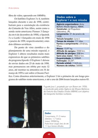 A era espacial

fibra de vidro, operando em 108MHz.
Dados sobre o
Os Satélites Explorer 3 e 4, também
Explorer I e sua missão
lançados durante o ano de 1958, contriAgência organizadora: Army
buíram para a constatação da existência
Ballistic Missile Agency, ABMA.
do Cinturão de Van Allen, assim como a
Construtor: Jet Propulsion
Laboratory, JPL.
sonda norte-americana Pioneer 3 (lançaLançamento: 31 de janeiro de
da em 6 de dezembro de 1958), o Sputnik
1958.
3 e a Lunik 1 (lançados em maio de 1958
Veículo lançador: Juno I.
e janeiro de 1959, respectivamente), estes
Tempo de missão: 111 dias.
Forma e comprimento: cilíndrica,
dois últimos soviéticos.
97cm.
Do ponto de vista científico e do
Massa: 13,97 kg.
planejamento de uma missão espacial, o
Altitude do apogeu: 2550 km.
Altitude do perigeu: 358 km.
Explorer 1 obteve resultados muito mais
Semi-eixo maior: 7832,2 km.
expressivos do que os primeiros satélites
Excentricidade: 0,139849.
do programa Spunik. O Explorer 1 deixou
Inclinação: 33,24º.
Período orbital: 114,8 min.
de enviar dados em 23 de maio de 1958,
Número de órbitas: 56000.
mas permaneceu em órbita por mais 12
anos, até reentrar na atmosfera em 31 de
março de 1970 e cair sobre o Oceano Pacífico. Como dissemos anteriormente, o Explorer 1 foi o primeiro de um longo programa de satélites norte-americanos, e até o ano de 2004 foram lançados outros 83.
Foguete Juno I, projetado por von Brawn em 1956
e construído pela então Agência de Mísseis Balísticos
do Exército dos Estados Unidos (ABMA) com objetivo
de transportar bombas nucleares.

NASA

Dados:
Comprimento: 21,2 metros
diâmetro: 1,7 metros
massa: 29060 kg.
Podia levar cargas úteis de até
11 kg a baixas altitudes.

40

 