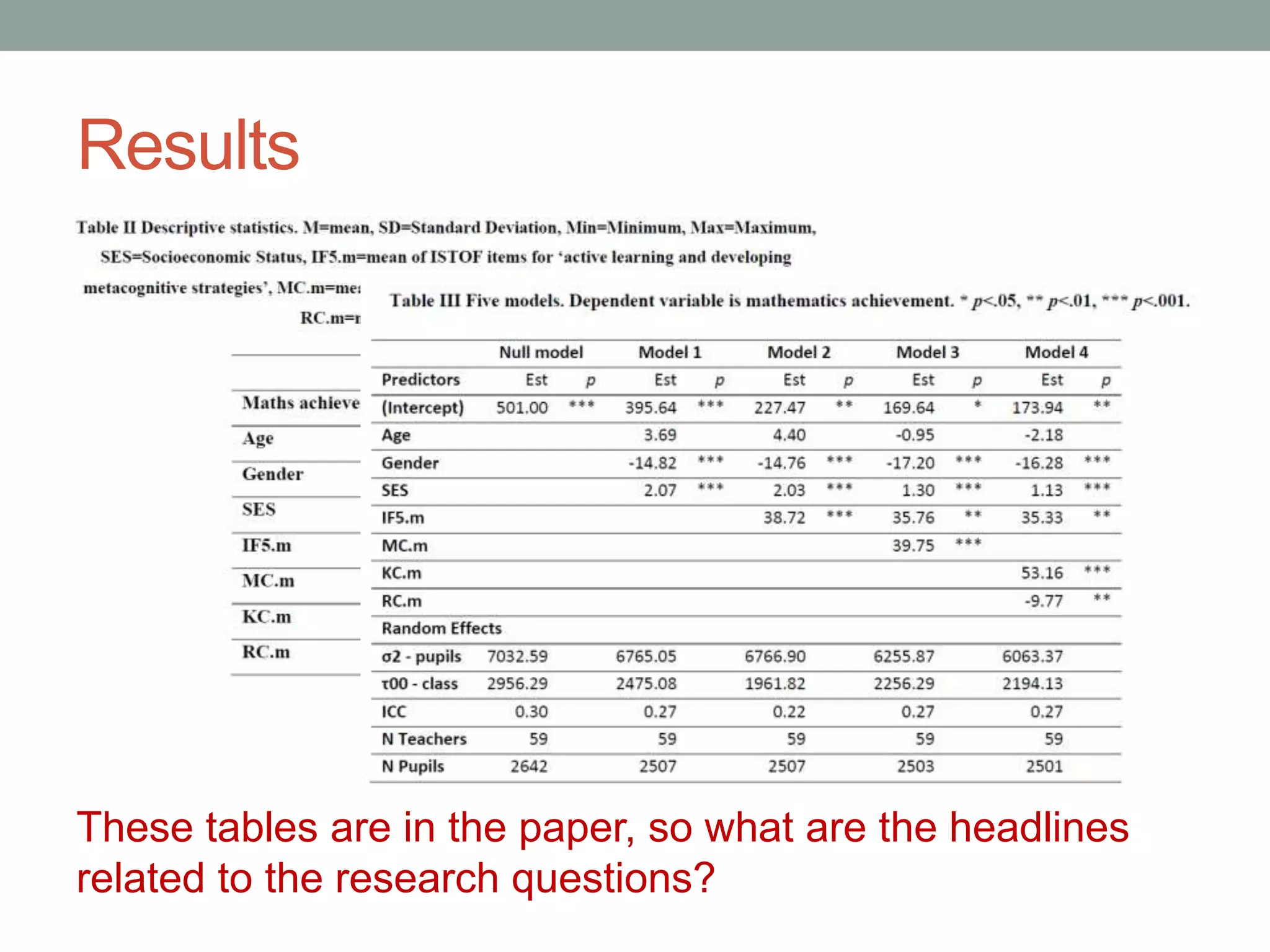 Results
These tables are in the paper, so what are the headlines
related to the research questions?
 