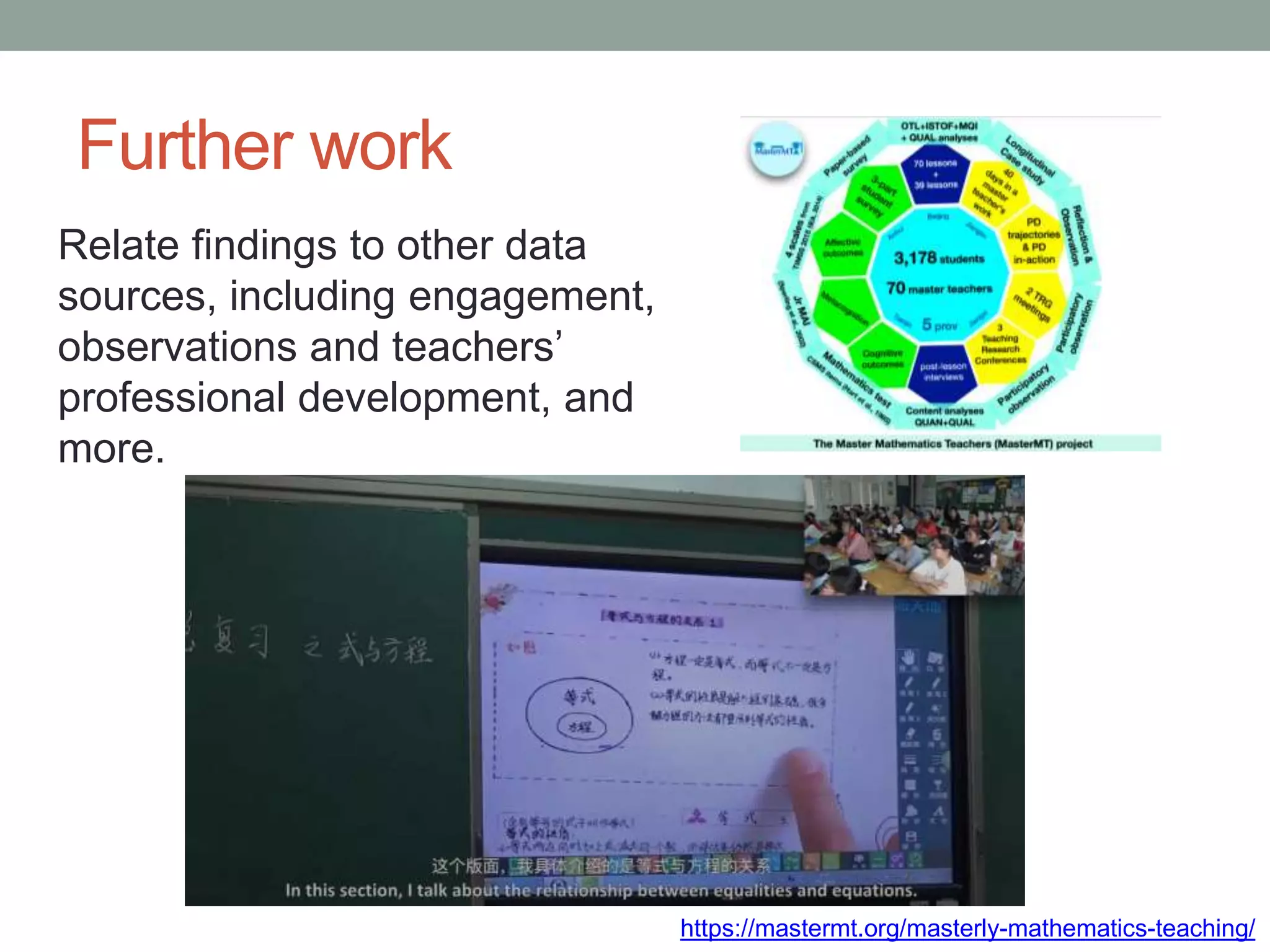 Further work
Relate findings to other data
sources, including engagement,
observations and teachers’
professional development, and
more.
https://mastermt.org/masterly-mathematics-teaching/
 