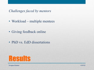 Results
Challenges faced by mentors
•  Workload – multiple mentees
•  Giving feedback online
•  PhD vs. EdD dissertations
4/19/15Swapna Kumar
 