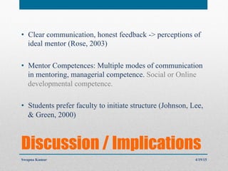 Discussion / Implications
•  Clear communication, honest feedback -> perceptions of
ideal mentor (Rose, 2003)
•  Mentor Competences: Multiple modes of communication
in mentoring, managerial competence. Social or Online
developmental competence.
•  Students prefer faculty to initiate structure (Johnson, Lee,
& Green, 2000)
4/19/15Swapna Kumar
 