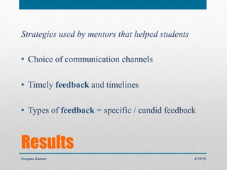 Results
Strategies used by mentors that helped students
•  Choice of communication channels
•  Timely feedback and timelines
•  Types of feedback = specific / candid feedback
4/19/15Swapna Kumar
 