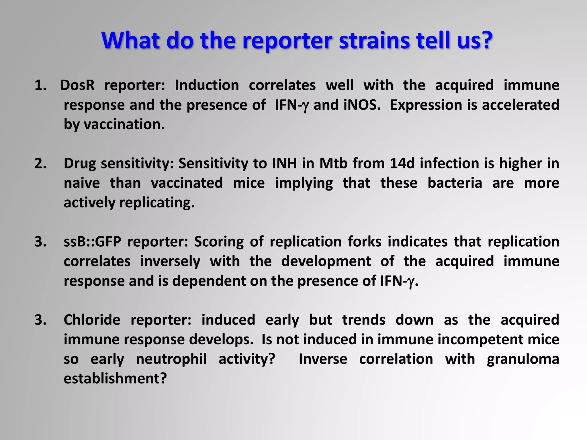 What do the reporter strains tell us?
1. DosR reporter: Induction correlates well with the acquired immune
response and the presence of IFN-g and iNOS. Expression is accelerated
by vaccination.
2. Drug sensitivity: Sensitivity to INH in Mtb from 14d infection is higher in
naive than vaccinated mice implying that these bacteria are more
actively replicating.
3. ssB::GFP reporter: Scoring of replication forks indicates that replication
correlates inversely with the development of the acquired immune
response and is dependent on the presence of IFN-g.
3. Chloride reporter: induced early but trends down as the acquired
immune response develops. Is not induced in immune incompetent mice
so early neutrophil activity? Inverse correlation with granuloma
establishment?
 