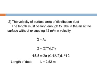 2) The velocity of surface area of distribution duct
The length must be long enough to take in the air at the
surface without exceeding 12 m/min velocity.
Q = Av
Q = (2 rL)*v
Length of duct; L = 2.52 m
12*(0.48/2)L2π45.5 =
π
 
