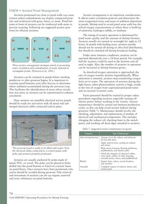 74
GAA REPORT: Operating Procedures for Shrimp Farming
FARM • Aerated Pond Management
Aerators positioned too close to pond walls can cause
erosion unless embankments are sloped, compacted prop-
erly and reinforced with grass, liners, or stone. Pond bot-
toms in front of aerators can be reinforced with stone to
prevent scouring. Following are suggested aerator posi-
tions for efficient aeration.
Three aerator arrangement strategies aimed at promoting
water circulation and centralization of waste material in
rectangular ponds. (Peterson et al., 2001.)
Aeration can be initiated in ponds before stocking
postlarvae or after growout begins. It is important to
examine pond bottoms soon after harvest to determine
where sediment accumulated during the previous crop.
This facilitates the identification of areas where circula-
tion was poor, so aerators can be repositioned to enhance
circulation.
Once aerators are installed, electrical service panels
should be ready for activation with all aerial and sub-
merged electrical cables connected and in place.
This growout pond is ready to be filled with water. Note
the electrical cables connected to a control panel, with
poles and aerators properly positioned.
Aerators are usually anchored by poles made of
metal, PVC, or wood. The poles can be placed in holes
drilled into the pond bottom or fixed on concrete bases
on pond floors. Once aerators have been positioned, relo-
cation should be avoided during growout. Pole removal
and movement of aerators can stir up organic material
and toxic substances on pond bottoms.
Aerator arrangement is an important consideration.
It affects water circulation patterns and determines the
most oxygenated zones and areas of sediment deposition
in ponds. Shrimp tend to avoid pond areas with low dis-
solved-oxygen concentrations or where there is build-up
of ammonia, hydrogen sulfide, or methane.
The timing of aerator operation is determined by
pond water quality and the amount of shrimp biomass.
Aerators usually are turned on overnight for eight to 12
hours. In ponds with feeding trays, aerators usually
should not be turned off during or after feed distribution,
but should be switched off during broadcast feeding.
Under more intensive conditions, aerators can be
operated alternatively over a 24-hour period. For example,
half the aerators could be used in the daytime and all
used at night. Also, the number of aerators in operation
can be increased as shrimp biomass grows.
As dissolved-oxygen saturation is approached, the
rate of oxygen transfer declines logarithmically. When
saturation is attained, aerators stop transferring oxygen
from air to water. The operation of aerators during day-
light hours, when photosynthetic activity is high, results
in the loss of oxygen from supersaturated pond water
and an increase in power costs.
Farm personnel should be trained in proper safety
procedures regarding aerators, especially turning off
electric power before working in the vicinity. Aerator
maintenance should be carried out between production
cycles, as this can help avoid aerator failures during
growout (Table 7). Maintenance should involve the
checking, adjustment, and replacement, if needed, of
electrical and mechanical components. This includes
changing the reducer oil, checking fuses in the switch
panel, and washing off dead algae attached to aerators.
Table 7. Suggested aerator maintenance program.
After shrimp harvest Change oil in the reducer and lubricate
all movable parts
Apply anticorrosive coating on reducer
and motor
Wash motor housing, floating platforms,
paddlewheels, and anchor poles
Check the integrity of electrical cables,
rotor shaft, rubber of roller bearings,
movable joints, rotors, and paddlewheels
Weekly Inspect fuses, relays, circuit breakers,
and switches
Annually Complete repairs of reducer, motor, and
switch panel
Frequency Type of Maintenance
 