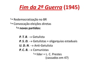 Fim da 2ª Guerra (1945)
 Redemocratização no BR
 Convocação eleições diretas
 novos partidos:
P. T. B.  Getulista
P. S. D.  Getulistas + oligarquias estaduais
U. D. N.  Anti-Getulista
P. C. B.  Comunistas
 líder = L. C. Prestes
(cassados em 47)
 