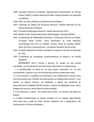 1938- Conselho Nacional do Petróleo. Departamento Administrativo do Serviço
Público (DASP). Instituto Nacional do Mate. Instituto Brasileiro de Geografia
e Estatística
1939- Plano de Obras Públicas e Aparelhamento da Defesa
1940- Comissão de Defesa da Economia Nacional. Instituto Nacional do Sal.
Fábrica Nacional de Motores
1941- Companhia Siderúrgica Nacional. Instituto Nacional do Pinho.
1942- Missão Cooke. Serviço Nacional de Aprendizagem Industrial (SENAI)
1943- Coordenação da Mobilização Econômica. Companhia Nacional de Álcalis.
Fundação Brasil Central. Usina Siderúrgica de Volta Redonda.
Consolidação das Leis do Trabalho. Serviço Social da Indústria (SESI).
Plano de Obras e Equipamentos. I Congresso Brasileiro de Economia.
1944- Conselho Nacional de Política Industrial e Comercial. Serviço de Expansão
do Trigo.
1945- Conferência de Teresópolis. Superintendência da Moeda e do Crédito
(SUMOC).
BERNARDES (2011) resume o governo de Vargas em seis pontos
importantes, que ele denomina de intimamente relacionados e indissociáveis:
1. A transformação do Brasil de um país agrário exportador em um país
industrializado, dotando-o de uma infra-estrutura jamais existente até então;
2. O de reconhecer a existência do operariado e dos trabalhadores urbanos como
uma força política que o Estado não podia ignorar ou simplesmente reprimir, e que
deviam, de alguma maneira, ser integrados a alguns dos benefícios do
desenvolvimento capitalista através de todo o conjunto da legislação social, marca
indelével de sua era e ainda objeto de tanta oposição;
3. O de incorporar a cultura – em sentido bem amplo – ao conjunto das ações do
Estado;
4. A efetiva transformação do espaço brasileiro em um espaço regionalizado,
como base para a ação do poder central, rompendo com o estadualismo, tão
característico da Primeira República;
 