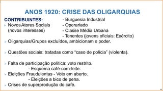 CONTRIBUINTES:
 NovosAtores Sociais
(novos interesses)
- Burguesia Industrial
- Operariado
- Classe Média Urbana
- Tenentes (jovens oficiais: Exército)
 Oligarquias/Grupos excluídos, ambicionam o poder.
 Questões sociais: tratadas como “caso de polícia” (violenta).
 Falta de participação política: voto restrito.
- Esquema café-com-leite.
 Eleições Fraudulentas - Voto em aberto.
- Eleições a bico de pena.
 Crises de superprodução do café.
ANOS 1920: CRISE DAS OLIGARQUIAS
4
 