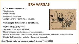  CÓDIGO ELEITORAL: 1932.
 Voto Secreto.
 Voto Feminino.
 Deputados Classistas.
 Justiça Eleitoral = combate às fraudes...
 Convocação de Assembleia Constituinte.
 CONSTITUIÇÃO DE 1934:
 Voto direto + secreto + feminino.
 Nacionalização: quedas d’agua, minas, riquezas...
 Direitos Trabalhistas: salário mínimo, férias, aposentadoria, descanso, licença materna.
 Eleição do Presidente = indireta. (Congresso Nacional).
Obs.: Vargas eleito para um mandato de 4 anos! (1934-1938)
40
ERA VARGAS
 