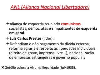 ANL (Aliança Nacional Libertadora)
Aliança de esquerda reunindo comunistas,
socialistas, democratas e simpatizantes de esquerda
em geral.
Luís Carlos Prestes (líder).
Defendiam o não pagamento da dívida externa,
reforma agrária e respeito às liberdades individuais
(direito de greve, imprensa livre...), nacionalização
de empresas estrangeiras e governo popular;
 Getúlio coloca a ANL na ilegalidade (Jul/1935).

 