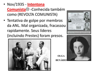 • Nov/1935 - Intentona
Comunista -Conhecida também
como (REVOLTA COMUNISTA)
• Tentativa de golpe por membros
da ANL. Mal organizada, fracassou
rapidamente. Seus líderes
(incluindo Prestes) foram presos.

OLGA
BENÁRIO

 