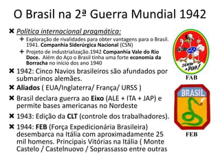 O Brasil na 2ª Guerra Mundial 1942
 Política internacional pragmática:
 Exploração de rivalidades para obter vantagens para o Brasil.
1941. Companhia Siderúrgica Nacional (CSN)
 Projeto de industrialização.1942 Companhia Vale do Rio
Doce. Além do Aço o Brasil tinha uma forte economia da
Borracha no início dos ano 1940

 1942: Cinco Navios brasileiros são afundados por
submarinos alemães.
 Aliados ( EUA/Inglaterra/ França/ URSS )
 Brasil declara guerra ao Eixo (ALE + ITA + JAP) e
permite bases americanas no Nordeste
 1943: Edição da CLT (controle dos trabalhadores).
 1944: FEB (Força Expedicionária Brasileira)
desembarca na Itália com aproximadamente 25
mil homens. Principais Vitórias na Itália ( Monte
Castelo / Castelnuovo / Soprassasso entre outras

FAB

FEB

 