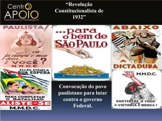 A revolução de 1930A revolução teve início em Minas Gerais e no Rio Grande do Sul em outubro de 1930. O movimento ganhou forças nos estados do Nordeste, o que se tornou insustentável a situação de WashingtonLuis. O presidente por forte pressão renunciou e um grupo de militarocupou o governo provisoriamente.