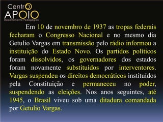ANL – Esse grupoformou-se com diversos setoresdescontentes da sociedade brasileira. Opunha-seaointegralismo e ao avanço do nazismo e fascismo na Europa. Com tendência nacionalista, propunha a nacionalização de empresas estrangeiras, a reforma agrária e um governo popular para o Brasil. Nela predominavam os comunistas dirigidos por Luis Carlos Prestes. 