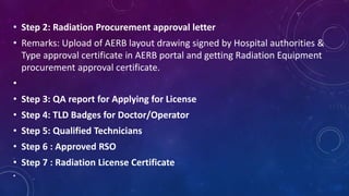 • Step 2: Radiation Procurement approval letter
• Remarks: Upload of AERB layout drawing signed by Hospital authorities &
...