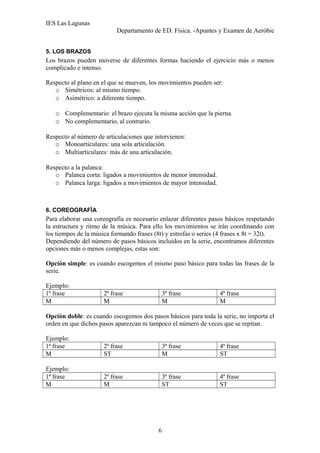 IES Las Lagunas
Departamento de ED. Física. -Apuntes y Examen de Aeróbic
5. LOS BRAZOS

Los brazos pueden moverse de diferentes formas haciendo el ejercicio más o menos
complicado e intenso.
Respecto al plano en el que se mueven, los movimientos pueden ser:
o Simétricos: al mismo tiempo.
o Asimétrico: a diferente tiempo.
o Complementario: el brazo ejecuta la misma acción que la pierna.
o No complementario, al contrario.
Respecto al número de articulaciones que intervienen:
o Monoarticulares: una sola articulación.
o Multiarticulares: más de una articulación.
Respecto a la palanca:
o Palanca corta: ligados a movimientos de menor intensidad.
o Palanca larga: ligados a movimientos de mayor intensidad.

6. COREOGRAFÍA

Para elaborar una coreografía es necesario enlazar diferentes pasos básicos respetando
la estructura y ritmo de la música. Para ello los movimientos se irán coordinando con
los tiempos de la música formando frases (8t) y estrofas o series (4 frases x 8t = 32t).
Dependiendo del número de pasos básicos incluidos en la serie, encontramos diferentes
opciones más o menos complejas, estas son:
Opción simple: es cuando escogemos el mismo paso básico para todas las frases de la
serie.
Ejemplo:
1ª frase
M

2ª frase
M

3ª frase
M

4ª frase
M

Opción doble: es cuando escogemos dos pasos básicos para toda la serie, no importa el
orden en que dichos pasos aparezcan ni tampoco el número de veces que se repitan.
Ejemplo:
1ª frase
M

2ª frase
ST

3ª frase
M

4ª frase
ST

Ejemplo:
1ª frase
M

2ª frase
M

3ª frase
ST

4ª frase
ST

6

 