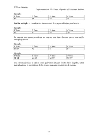 IES Las Lagunas
Departamento de ED. Física. -Apuntes y Examen de Aeróbic
Ejemplo:
1ª frase
ST

2ª frase
ST

3ª frase
ST

4ª frase
M

Opción múltiple: es cuando seleccionamos más de dos pasos básicos para la serie.
Ejemplo:
1ª frase
ST

2ª frase
M

3ª frase
ST

4ª frase
JG

En caso de que aparezcan más de un paso en una frase, diremos que es una opción
múltiple por frase.
Ejemplo:
1ª frase
ST/ M

2ª frase
JG

3ª frase
M

4ª frase
ST

Ejemplo:
1ª frase
M/ ST

2ª frase
M/ ST

3ª frase
M/ ST

4ª frase
M/ ST

Una vez seleccionado el tipo de series que vamos a hacer, con los pasos elegidos, habrá
que seleccionar el movimiento de los brazos para cada movimiento de piernas.

7

 