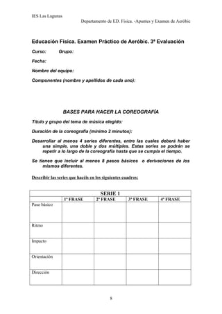IES Las Lagunas
Departamento de ED. Física. -Apuntes y Examen de Aeróbic

Educación Física. Examen Práctico de Aeróbic. 3ª Evaluación
Curso:

Grupo:

Fecha:
Nombre del equipo:
Componentes (nombre y apellidos de cada uno):

BASES PARA HACER LA COREOGRAFÍA
Título y grupo del tema de música elegido:
Duración de la coreografía (mínimo 2 minutos):
Desarrollar al menos 4 series diferentes, entre las cuales deberá haber
una simple, una doble y dos múltiples. Estas series se podrán se
repetir a lo largo de la coreografía hasta que se cumpla el tiempo.
Se tienen que incluir al menos 8 pasos básicos o derivaciones de los
mismos diferentes.
Describir las series que hacéis en los siguientes cuadros:

SERIE 1
1ª FRASE

2ª FRASE

Paso básico

Ritmo
Impacto
Orientación
Dirección

8

3ª FRASE

4ª FRASE

 