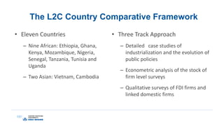The L2C Country Comparative Framework
• Eleven Countries
– Nine African: Ethiopia, Ghana,
Kenya, Mozambique, Nigeria,
Senegal, Tanzania, Tunisia and
Uganda
– Two Asian: Vietnam, Cambodia
• Three Track Approach
– Detailed case studies of
industrialization and the evolution of
public policies
– Econometric analysis of the stock of
firm level surveys
– Qualitative surveys of FDI firms and
linked domestic firms
 
