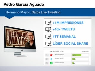 Pedro García Aguado
Hermano Mayor. Datos Live Tweeting
+1M IMPRESIONES
+10k TWEETS
#TT SEMANAL
LÍDER SOCIAL SHARE
 
